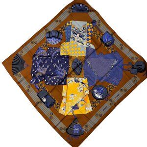 Hermès Rare Marron Kimonos et Inros Silk Scarf Foulard  - EUC